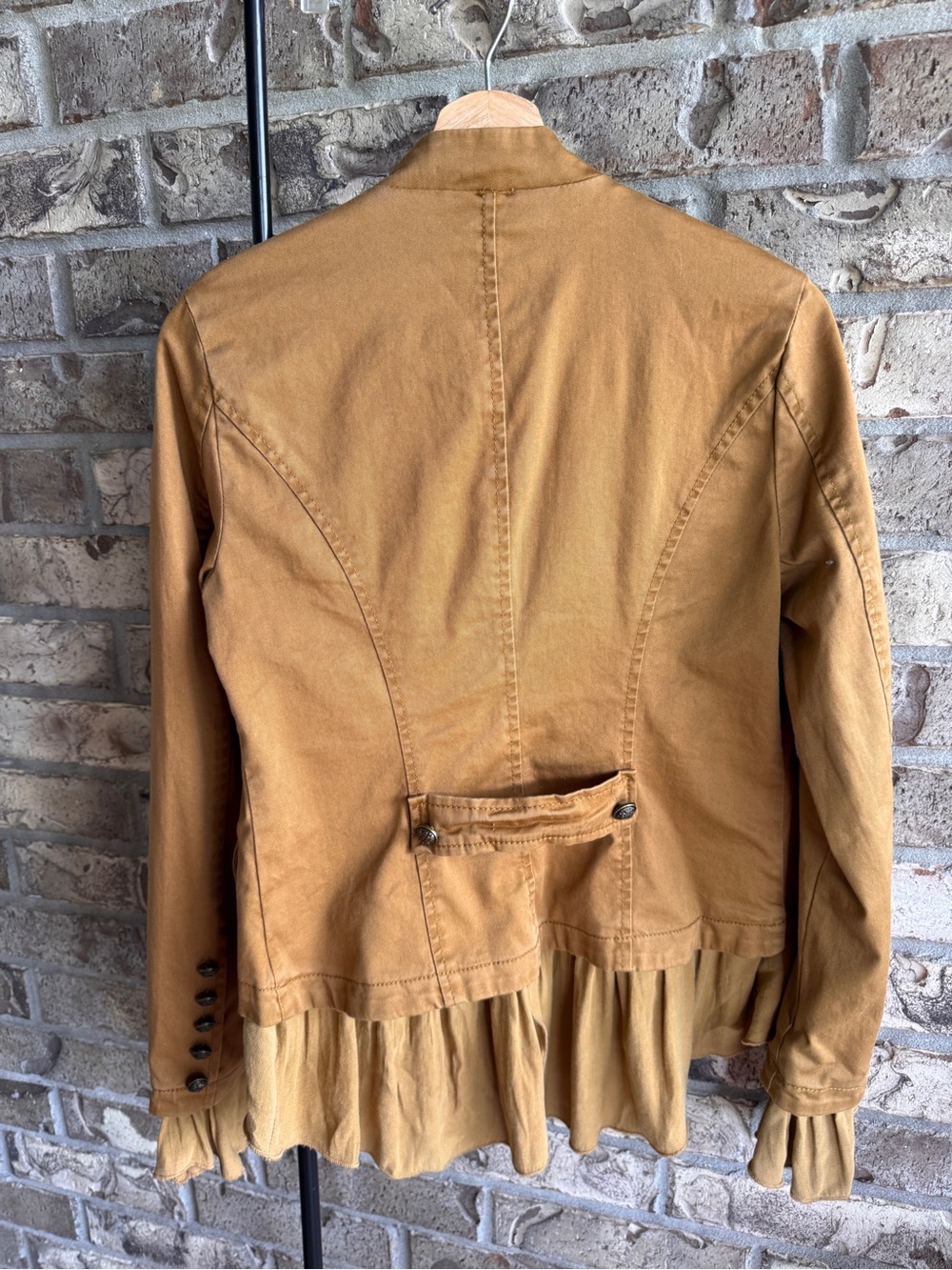 Free People Ruffle Hem Military Jacket XS Mustard Brown Boho Victorian - Picture 9 of 13